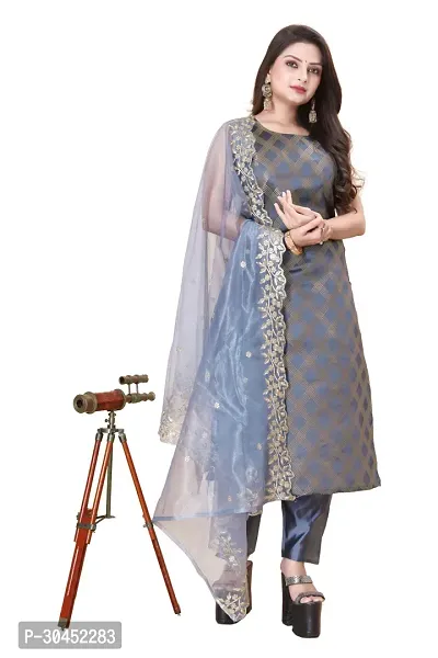 Elegant Grey Woven Design Jacquard A-Line Kurta Pant With Dupatta For Women-thumb0