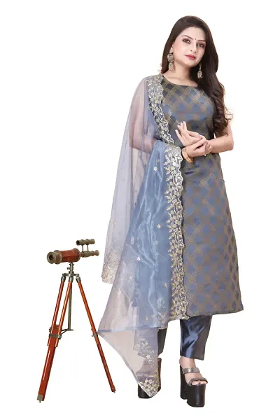 Stylish Jacquard Kurta And Pant With Dupatta Set For Women