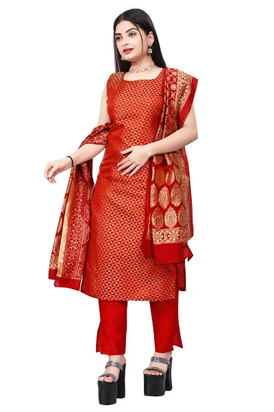 Womens Woven Design Kurta Pant With Dupatta Set