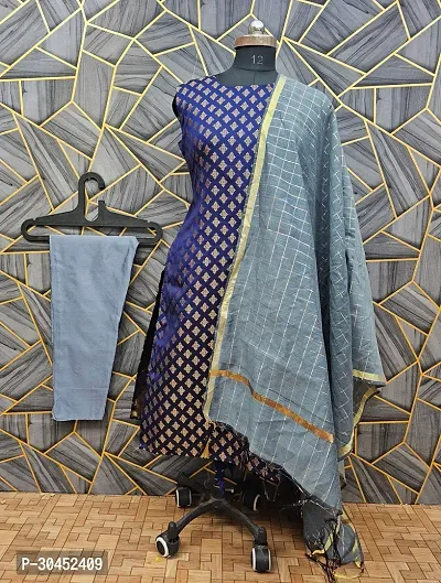 Elegant Navy Blue Woven Design Jacquard Kurta Pant With Dupatta For Women