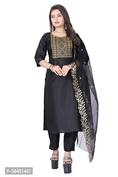 Stylish Black Silk Kurta, Bottom And Dupatta Set For Women