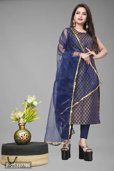 A-Line Navy Blue Woven Design Jacquard kurta Set-thumb0