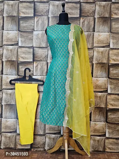 Stylish Green Jacquard Kurta, Bottom And Dupatta Set For Women