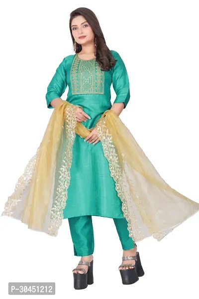 Stylish Green Silk Kurta, Bottom And Dupatta Set For Women