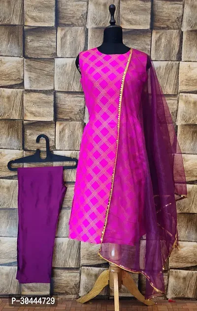 Stylish Pink Jacquard Kurta, Bottom And Dupatta Set For Women