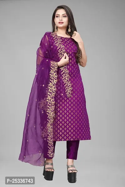 A-Line Purple Woven Design Jacquard kurta Set