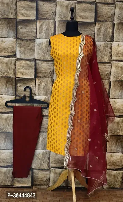 Stylish Yellow Jacquard Kurta, Bottom And Dupatta Set For Women