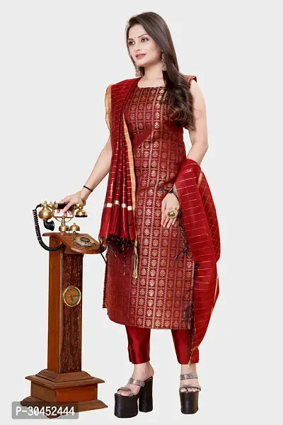 Elegant Maroon Woven Design Jacquard A-Line Kurta Pant With Dupatta For Women