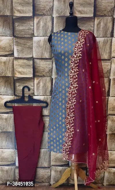 Stylish Grey Jacquard Kurta, Bottom And Dupatta Set For Women