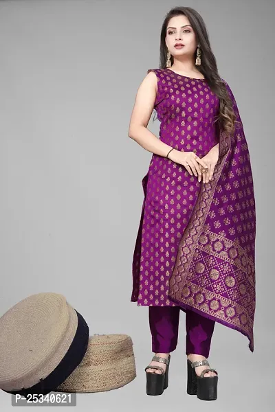 A-Line Purple Woven Design Jacquard kurta Set-thumb0