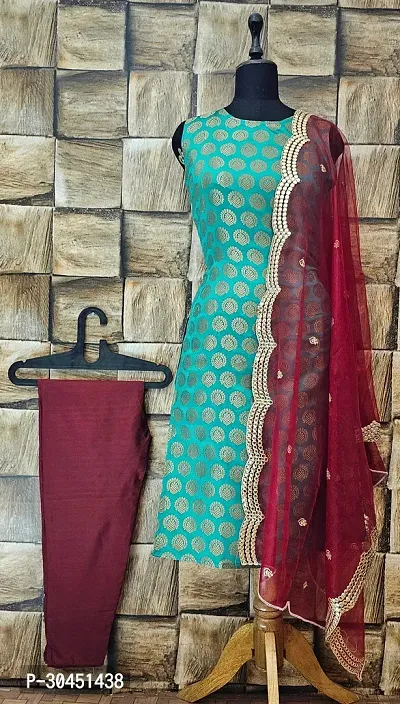 Elegant Teal Woven Design Jacquard A-Line Kurta Pant With Dupatta For Women