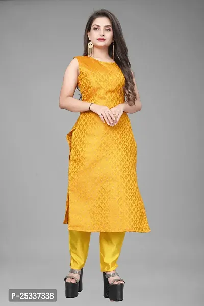 A-Line Yellow Woven Design Jacquard kurta Set-thumb2