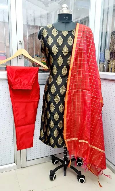 Stylish Jacquard Kurta And Pant With Dupatta Set For Women