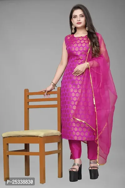 A-Line Pink Woven Design Jacquard kurta Set-thumb0