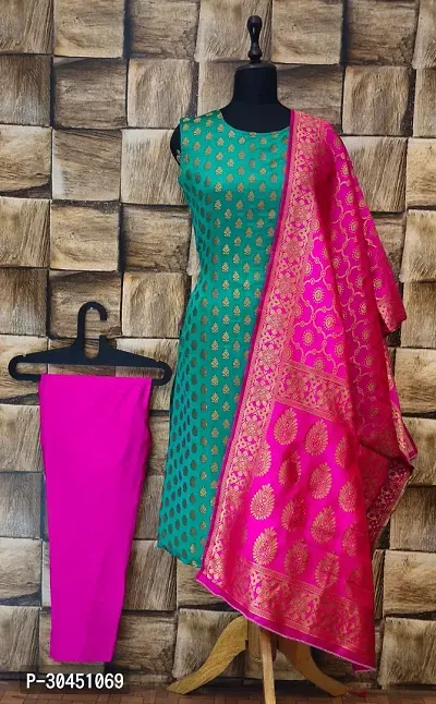 Stylish Green Jacquard Kurta, Bottom And Dupatta Set For Women