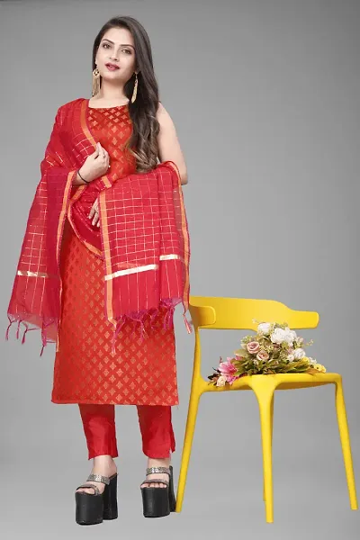 Stylish A-Line Jacquard Woven Design Kurta with Bottom and Dupatta Set