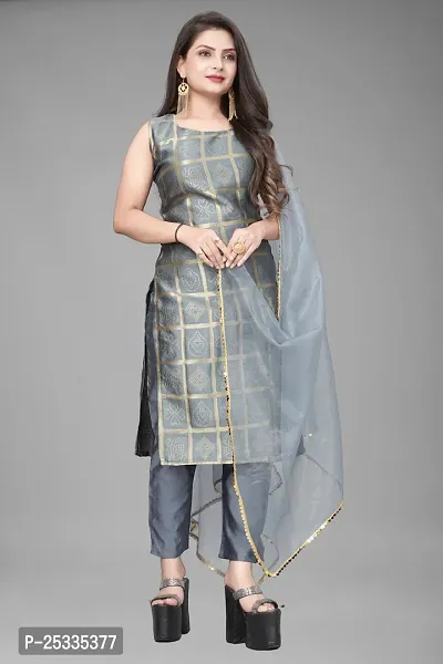 A-Line Grey Woven Design Jacquard kurta Set