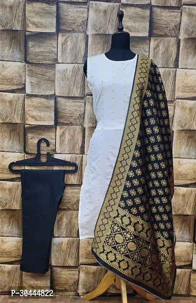 Stylish White Jacquard Kurta, Bottom And Dupatta Set For Women