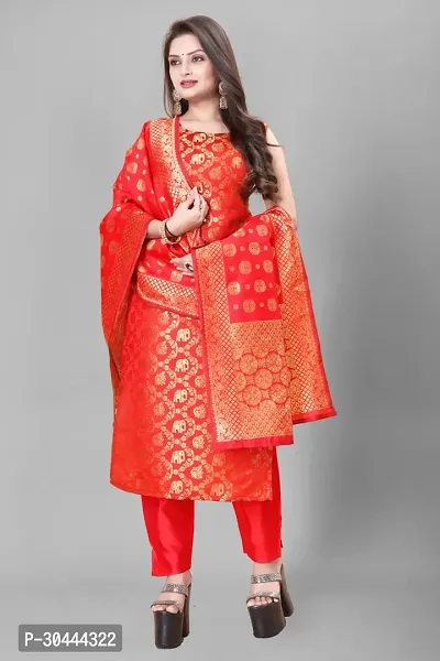 Stylish Red Jacquard Kurta, Bottom And Dupatta Set For Women