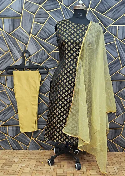 Stylish Jacquard Kurta And Pant With Dupatta Set For Women