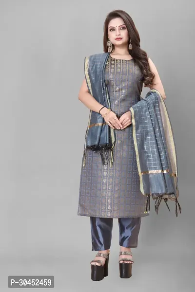 Elegant Grey Woven Design Jacquard A-Line Kurta Pant With Dupatta For Women