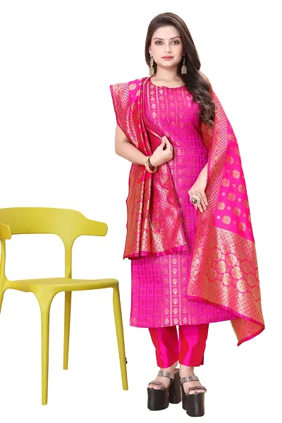 Stylish Jacquard Kurta And Pant With Dupatta Set For Women