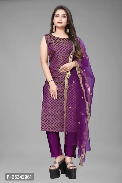 A-Line Purple Woven Design Jacquard kurta Set