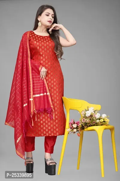 A-Line Red Woven Design Jacquard kurta Set