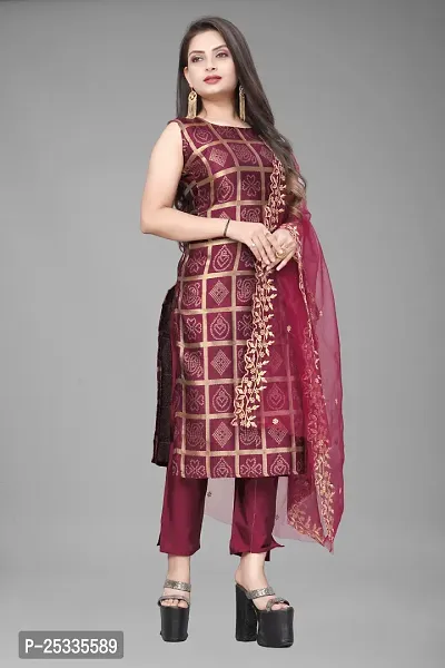 A-Line Maroon Woven Design Jacquard kurta Set-thumb0