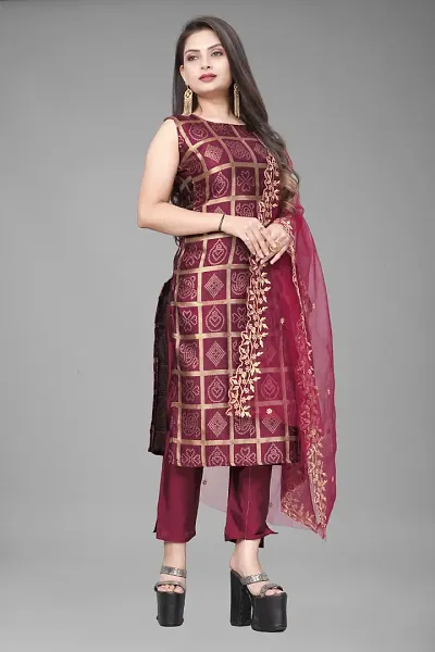 Stylish A-Line Woven Design Jacquard Kurta Set