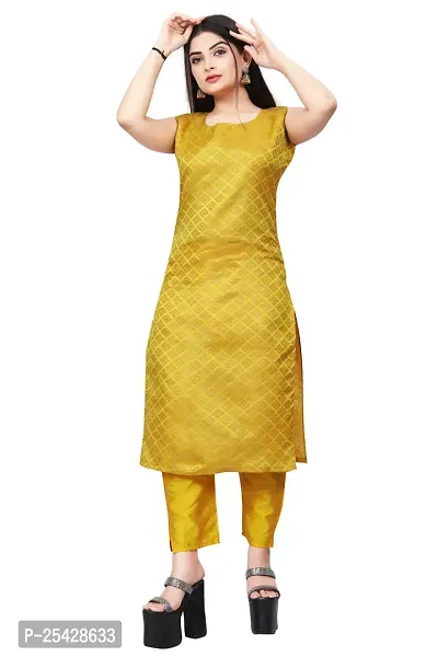 A-Line Yellow Woven Design Jacquard Kurti-thumb0