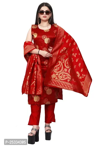 A-Line Red Woven Design Jacquard kurta Set-thumb0