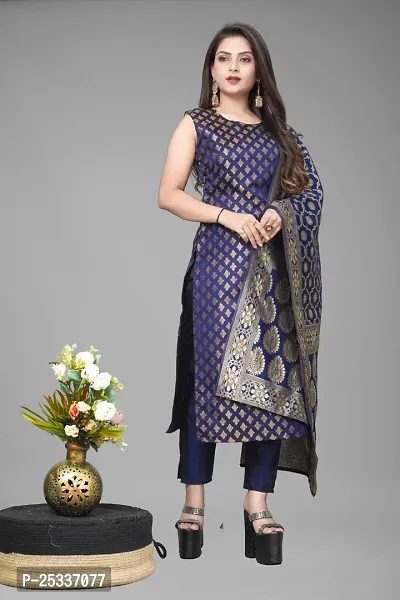 A-Line Navy Blue Woven Design Jacquard kurta Set-thumb0