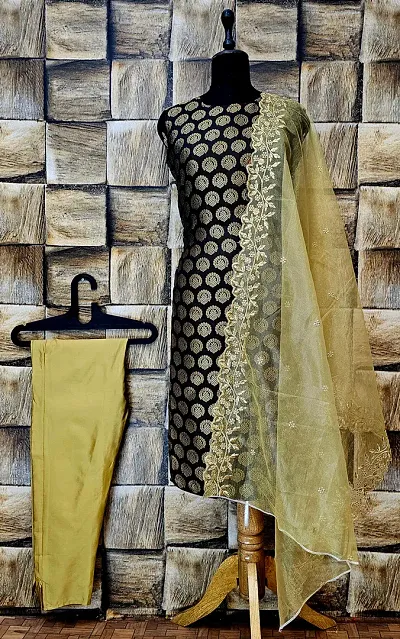 Elegant Woven Design Jacquard A-Line Kurta Pant With Dupatta For Women