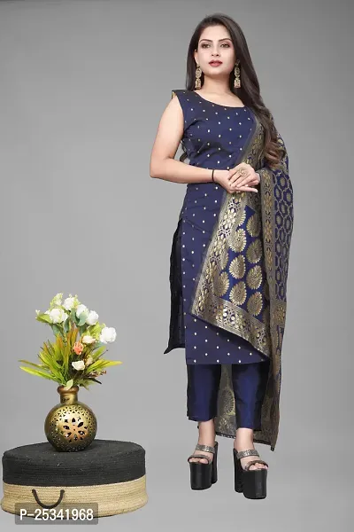 A-Line Navy Blue Woven Design Jacquard kurta Set