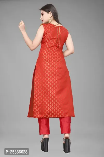 A-Line Red Woven Design Jacquard kurta Set-thumb3