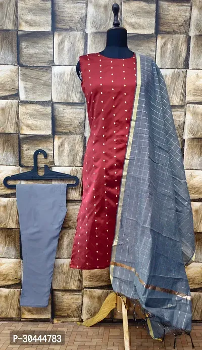 Stylish Maroon Jacquard Kurta, Bottom And Dupatta Set For Women