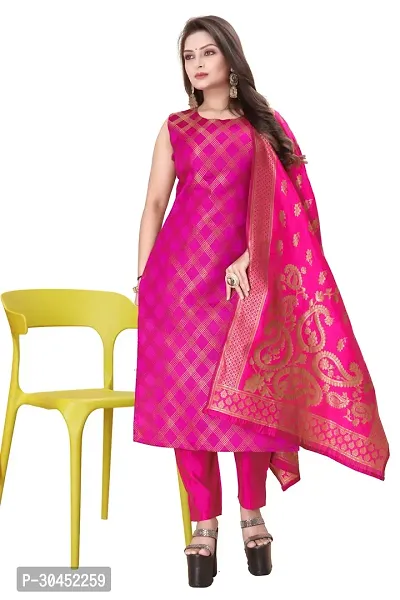 Elegant Pink Woven Design Jacquard A-Line Kurta Pant With Dupatta For Women-thumb0