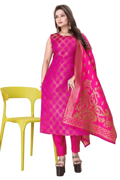 Elegant Woven Design Jacquard A-Line Kurta Pant With Dupatta For Women