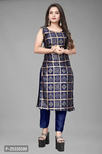 A-Line Navy Blue Woven Design Jacquard kurta Set-thumb2