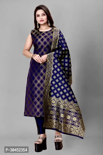 Elegant Navy Blue Woven Design Jacquard A-Line Kurta Pant With Dupatta For Women-thumb0