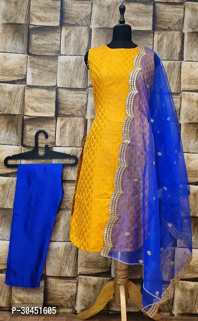 Stylish Yellow Jacquard Kurta, Bottom And Dupatta Set For Women