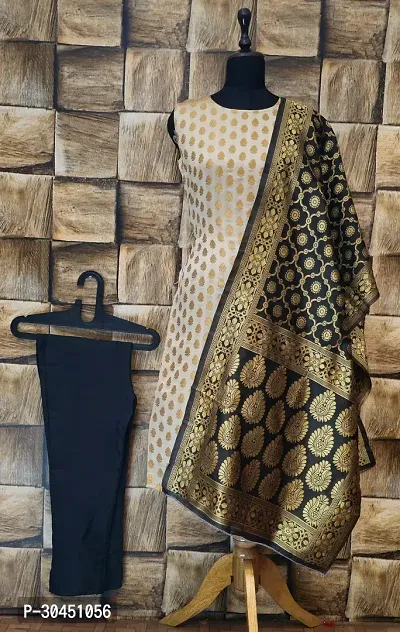 Stylish Cream Jacquard Kurta, Bottom And Dupatta Set For Women