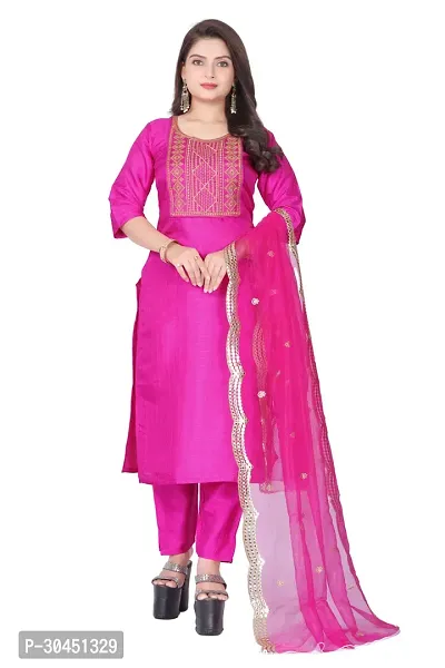 Stylish Pink Silk Kurta, Bottom And Dupatta Set For Women-thumb0