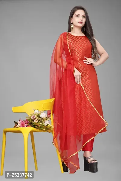 A-Line Red Woven Design Jacquard kurta Set