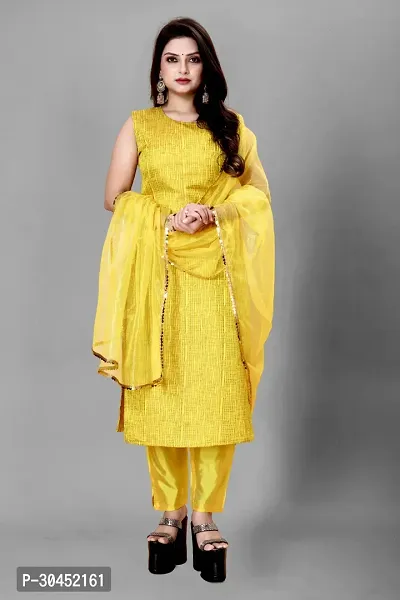 Elegant Yellow Woven Design Jacquard Kurta Pant With Dupatta For Women-thumb0