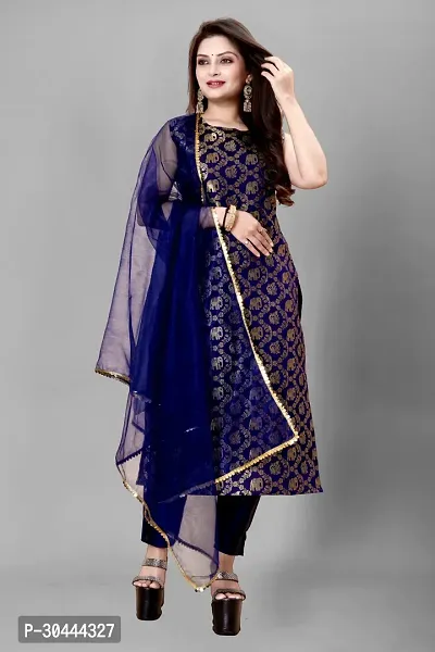 Stylish Navy Blue Jacquard Kurta, Bottom And Dupatta Set For Women