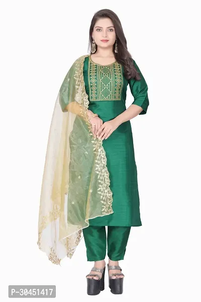 Stylish Green Silk Kurta, Bottom And Dupatta Set For Women