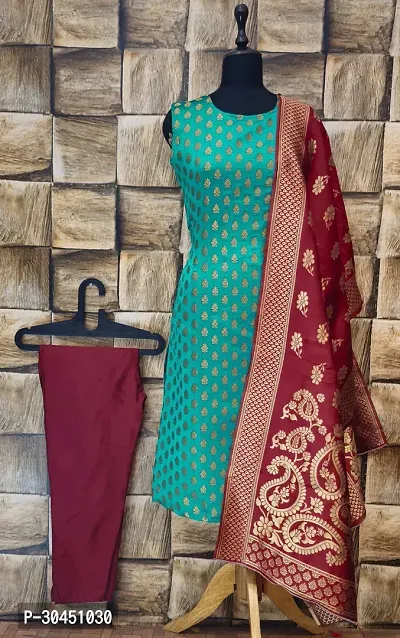 Stylish Green Jacquard Kurta, Bottom And Dupatta Set For Women