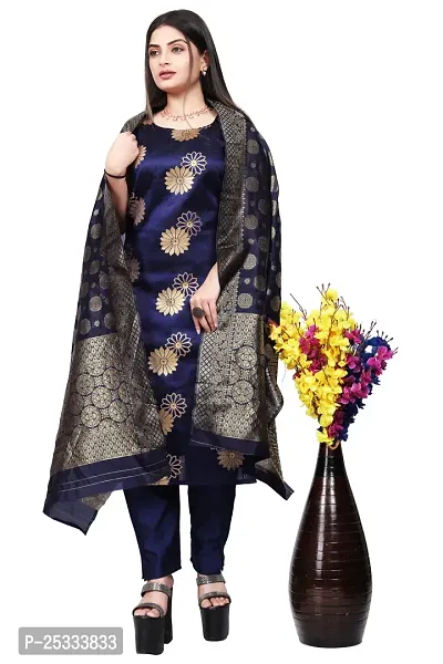 A-Line Navy Blue Woven Design Jacquard kurta Set-thumb0